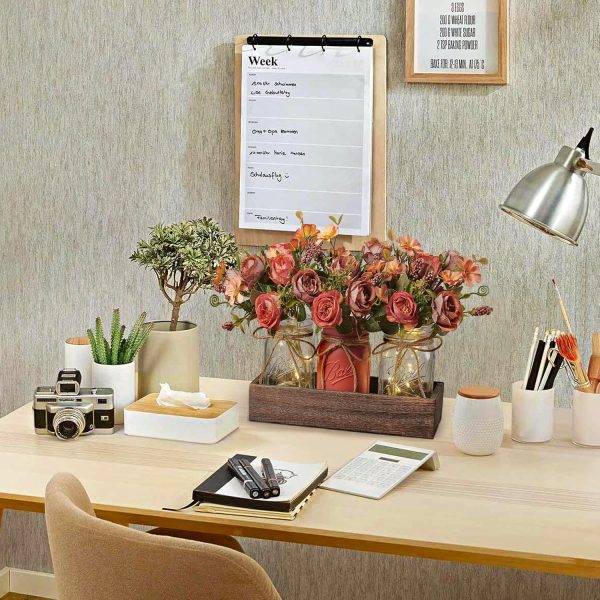 3 Pcs Mason Jar Centerpiece Table Decorations for Dining Table Decor Farmhouse Coffee Table Decor with Wood Tray and Led Light Table Centerpieces for Dining room Kitchen Living Bathroom,Orange | Rustic Farmhouse Decor for Home Décor Accents Kitchen Counter Decor Dining Room Living Bathroom,Orange