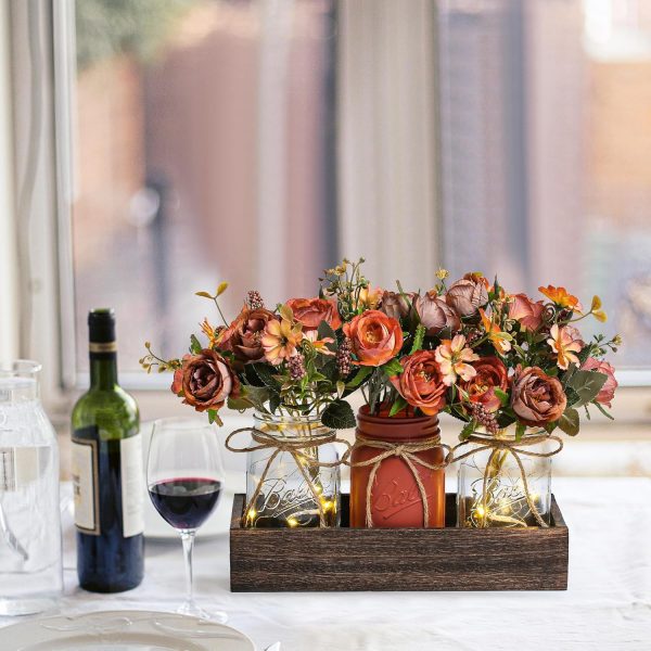 3 Pcs Mason Jar Centerpiece Table Decorations for Dining Table Decor Farmhouse Coffee Table Decor with Wood Tray and Led Light Table Centerpieces for Dining room Kitchen Living Bathroom,Orange | Rustic Farmhouse Decor for Home Décor Accents Kitchen Counter Decor Dining Room Living Bathroom,Orange
