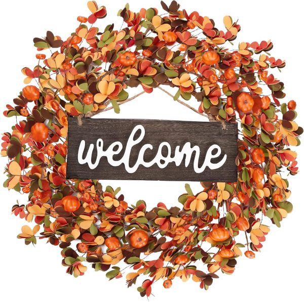 CTMCE01176CT_1 Sggvecsy Fall Wreath 20'' Autumn Front Door Harvest with Small Pumpkin Berry Round Leaves Decorations for Outside Indoor Wall Window Festival Thanksgiving Decor(Orange)