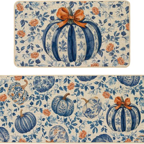 Baccessor Fall Blue Pumpkin Kitchen Rugs Set of 2,Autumn Farmhouse Thanksgiving Day Kitchen Mats Washable Non Slip Low-Profile Indoor Floor Holiday Hallway Laundry Sink Decor 17x29 and 17x47 Inch