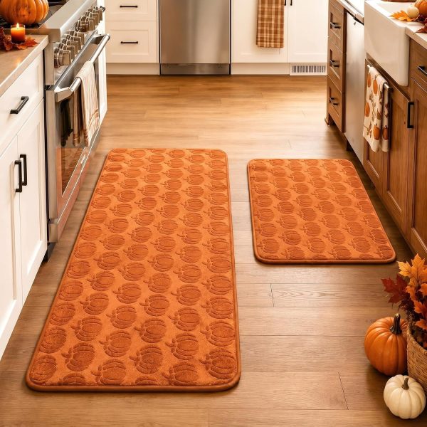 Fall Pumpkin Kitchen Rugs Set of 2 Kitchen Floor Mat for Home Decor | Thanksgiving Anti Fatigue Runner Floor Rugs for Bedroom Laundry Bathroom 30" x 20" and 48" x 20", Orange