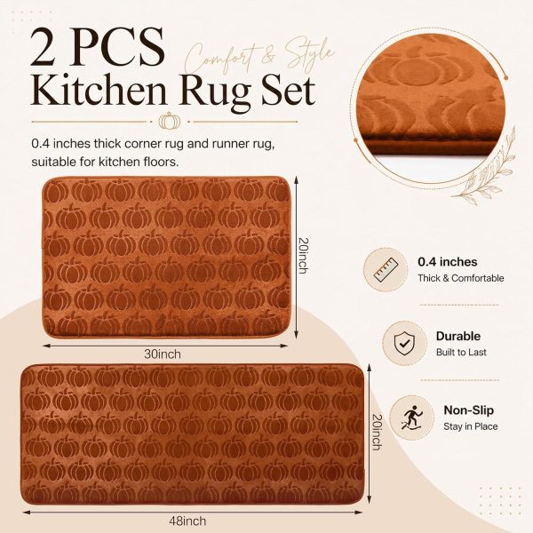 Fall Pumpkin Kitchen Rugs Set of 2 Kitchen Floor Mat for Home Decor | Thanksgiving Anti Fatigue Runner Floor Rugs for Bedroom Laundry Bathroom 30" x 20" and 48" x 20", Orange