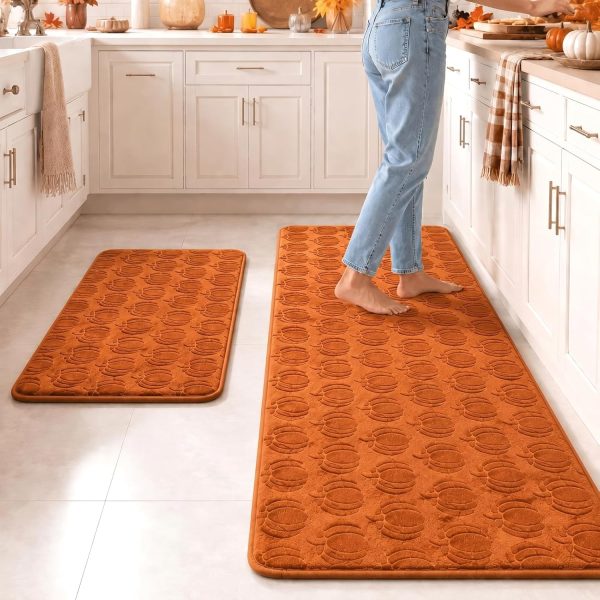 Fall Pumpkin Kitchen Rugs Set of 2 Kitchen Floor Mat for Home Decor | Thanksgiving Anti Fatigue Runner Floor Rugs for Bedroom Laundry Bathroom 30" x 20" and 48" x 20", Orange