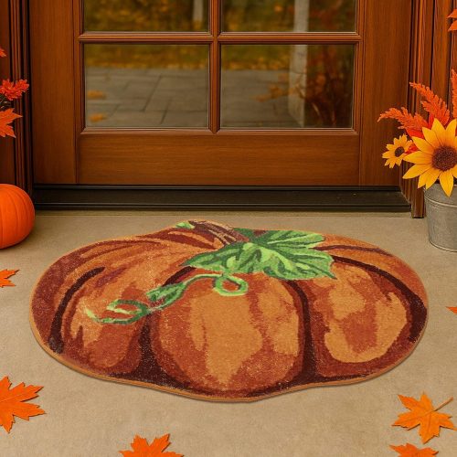 Tinideya Fall Door Mat Pumpkin Shaped Flocked Rug, 29.5 x 17.7 in Non Slip