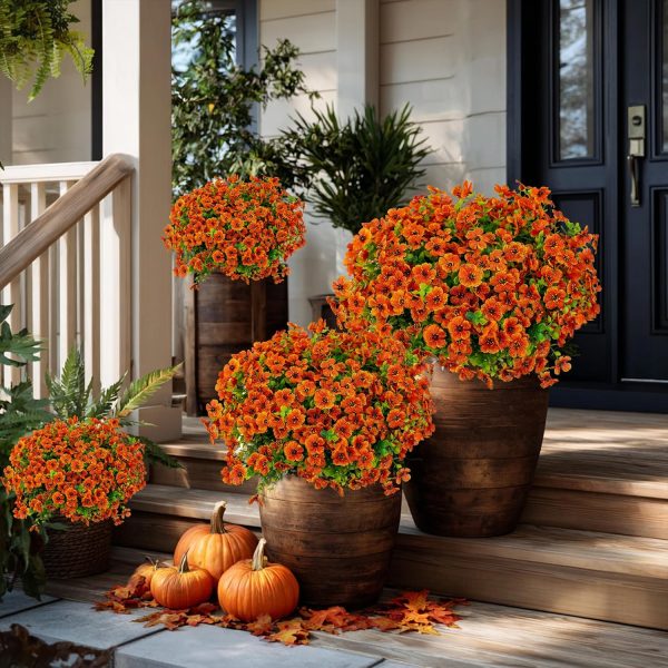 AXYLEX Artificial Mums for Outdoors Fake Fall Flowers Red Orange 16 Pack