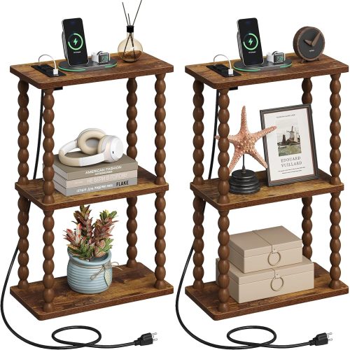ELYKEN Side Table with Charging Station, Set of 2 Narrow Bedside Table
