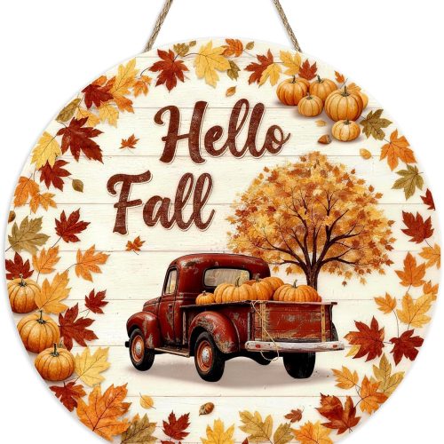 Fall Welcome Wreath Signs for Front Door, Thanksgiving Wooden Hanging Door Decorations for Outside Wall, Pumpkin Rustic Hanger for Farmhouse Outdoor Decor