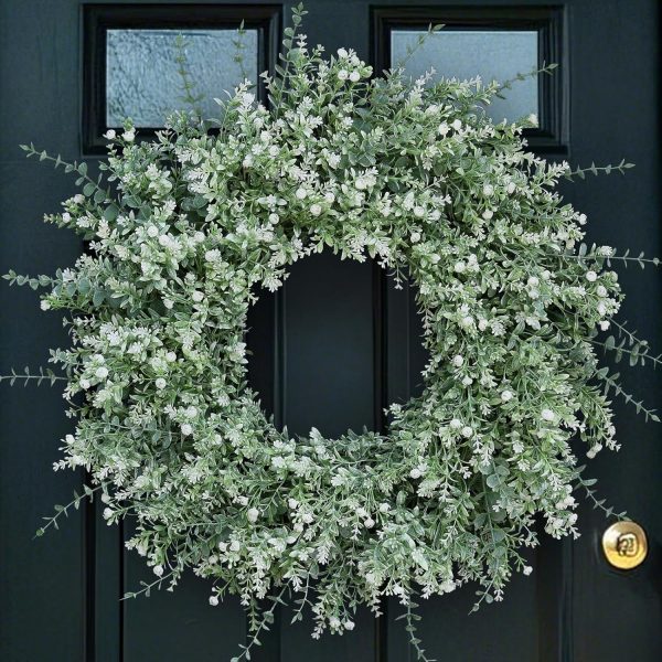 CTPAR-S-076_1 26" Large Artificial Eucalyptus Wreath for Front Door Decor (White-Green) | Eucalyptus Lavender Wreath with Baby's Breath Flowers, for Front Porch Home Farmhouse Outdoor Spring Summer All Season Decor