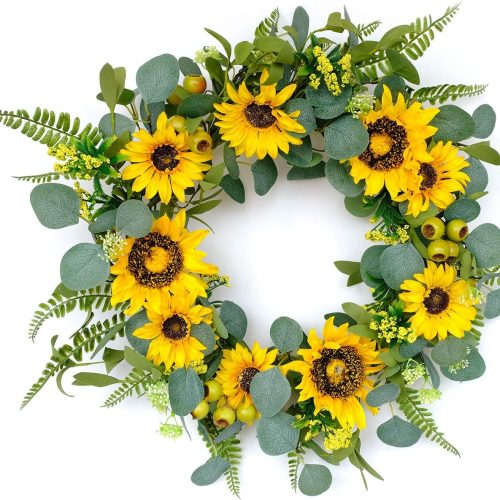 idyllic 18”Artificial Sunflower Spring Wreath Rustic Farmhouse Decorative Floral Wreath for Front Door Window Wedding Outdoor, Yellow