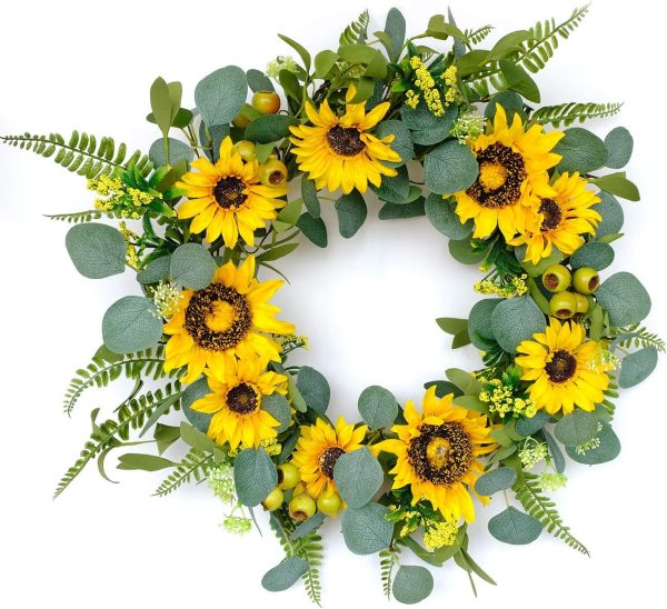 idyllic 18”Artificial Sunflower Spring Wreath Rustic Farmhouse Decorative Floral Wreath for Front Door Window Wedding Outdoor, Yellow