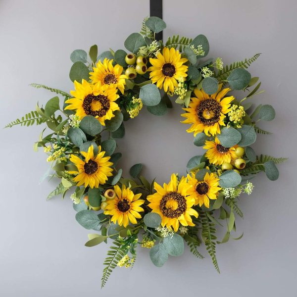 idyllic 18”Artificial Sunflower Spring Wreath Rustic Farmhouse Decorative Floral Wreath for Front Door Window Wedding Outdoor, Yellow