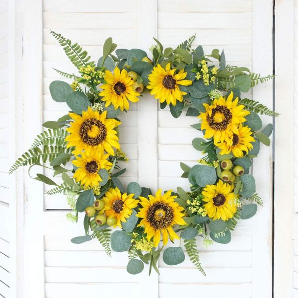 idyllic 18”Artificial Sunflower Spring Wreath Rustic Farmhouse Decorative Floral Wreath for Front Door Window Wedding Outdoor, Yellow