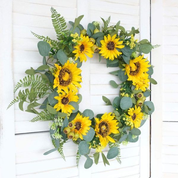 idyllic 18”Artificial Sunflower Spring Wreath Rustic Farmhouse Decorative Floral Wreath for Front Door Window Wedding Outdoor, Yellow