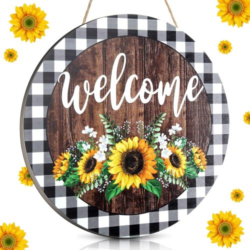 CTPAR-S-189_1 Jetec 12 x 12 In Sunflower Sign Hanging Summer Welcome Sign Door Round Wooden Art Wreath Summer Decorations for Home Farmhouse Porch Decor Housewarming Gift Sunflower Wall Decor Wedding Favors
