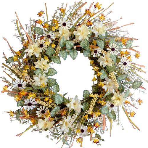 22 Inches Spring Wreath for Front Door with Yellow and White Daisies Flowers, Ear of Wheat, Green Leaves, Fall Harvest Wreath for Festival Thanksgiving Farmhouse Wall Home Decor