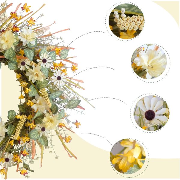 CTPAR-S-211_2 22 Inches Spring Wreath for Front Door with Yellow and White Daisies Flowers, Ear of Wheat, Green Leaves, Fall Harvest Wreath for Festival Thanksgiving Farmhouse Wall Home Decor
