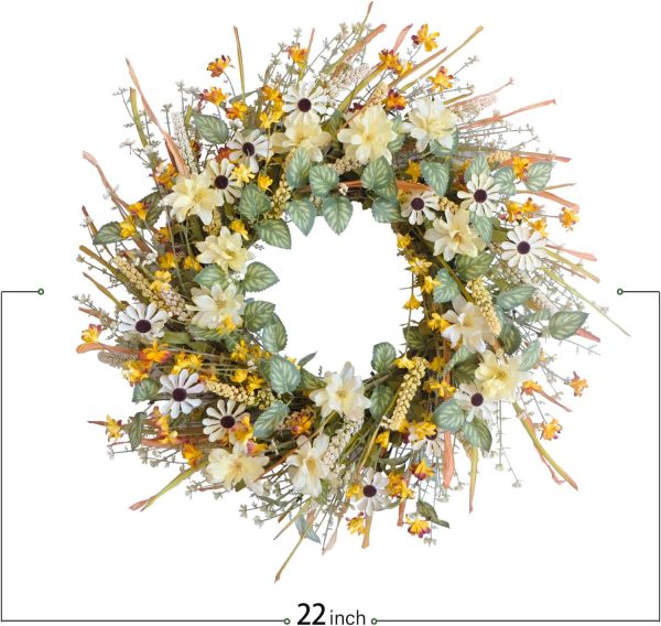 CTPAR-S-211_3 22 Inches Spring Wreath for Front Door with Yellow and White Daisies Flowers, Ear of Wheat, Green Leaves, Fall Harvest Wreath for Festival Thanksgiving Farmhouse Wall Home Decor