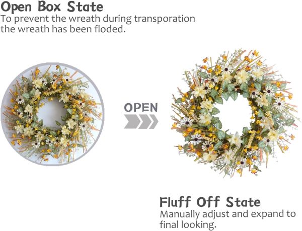 CTPAR-S-211_4 22 Inches Spring Wreath for Front Door with Yellow and White Daisies Flowers, Ear of Wheat, Green Leaves, Fall Harvest Wreath for Festival Thanksgiving Farmhouse Wall Home Decor