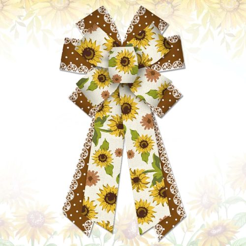 Estivaux Large Spring Flowers Bows for Wreath, Floral Lace Wreath Bow Brown Yellow Burlap Bows Sunflower Craft Farmhouse Tree Bows for Front Door Wreath Decorations