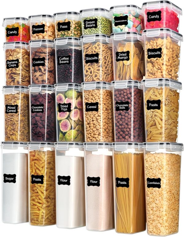 CTPAR-S-246_1 Airtight Food Storage Containers with Lids, Vtopmart 24 pcs Plastic Kitchen and Pantry Organization Canisters for Cereal, Dry Food, Flour and Sugar, BPA Free, Includes 24 Labels,Black | For Cereal Pasta Snack Flour Sugar, BPA Free, Airtight Seal, Multiple Sizes, Dishwasher Safe (Not Lids), Includes 24 Labels
