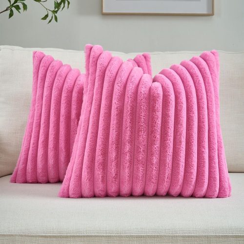 CTPAR-S-558_1 FUTEI Pack of 2 Faux Fur Throw Pillow Covers 18x18 Inch, Hot Pink