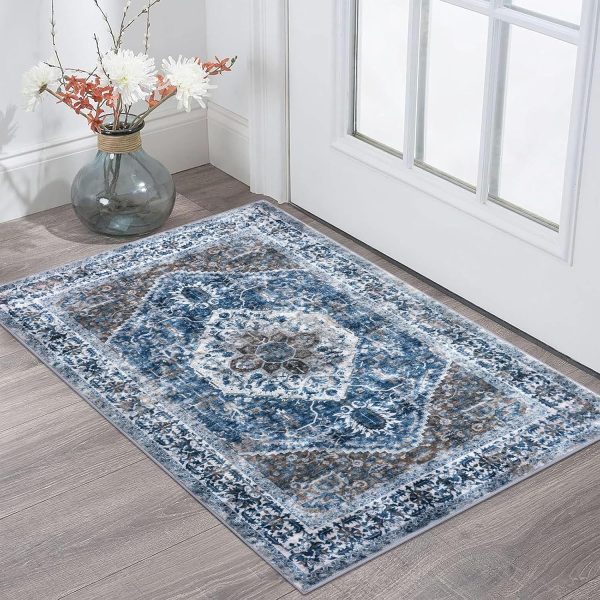 KOZYFLY Small Area Rug 2x3 Ft Rugs for Entryway Washable Boho Entry Rug Non Slip Door Mat Indoor Entrance Blue Printed Faux Wool Vintage Printed Kitchen Rug Throw Rugs for Entrance Kitchen Bathroom