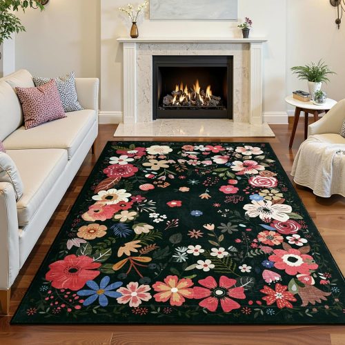 Vasofe 3x5 Rug for Bedroom,Washable Rugs for Living Room, Entryway, Black | Indoor Floor Mat, Small Floral Mats for Nrusery, Farmhouse, Laundry Room, Playroom, Office, Kitchen, Non Slip Low Pile Carpet
