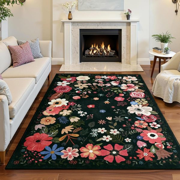 Vasofe 3x5 Rug for Bedroom,Washable Rugs for Living Room, Entryway, Black | Indoor Floor Mat, Small Floral Mats for Nrusery, Farmhouse, Laundry Room, Playroom, Office, Kitchen, Non Slip Low Pile Carpet