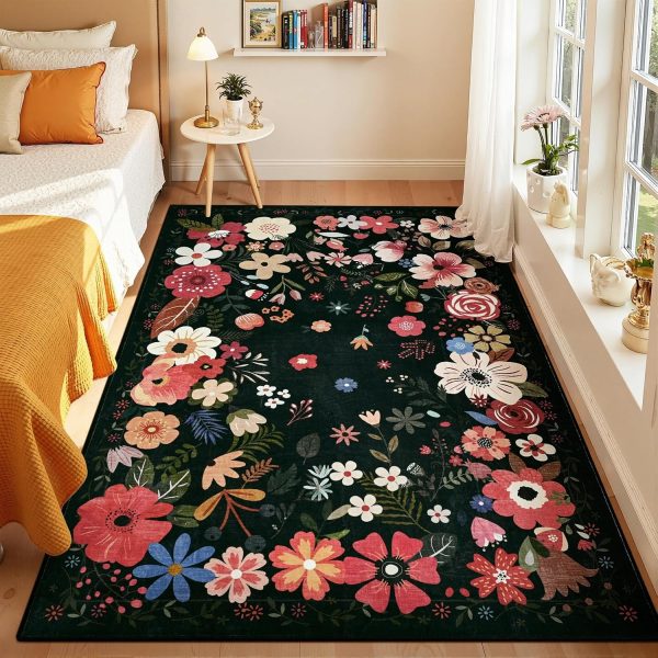 Vasofe 3x5 Rug for Bedroom,Washable Rugs for Living Room, Entryway, Black | Indoor Floor Mat, Small Floral Mats for Nrusery, Farmhouse, Laundry Room, Playroom, Office, Kitchen, Non Slip Low Pile Carpet