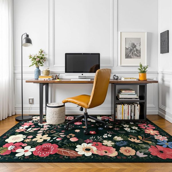 Vasofe 3x5 Rug for Bedroom,Washable Rugs for Living Room, Entryway, Black | Indoor Floor Mat, Small Floral Mats for Nrusery, Farmhouse, Laundry Room, Playroom, Office, Kitchen, Non Slip Low Pile Carpet