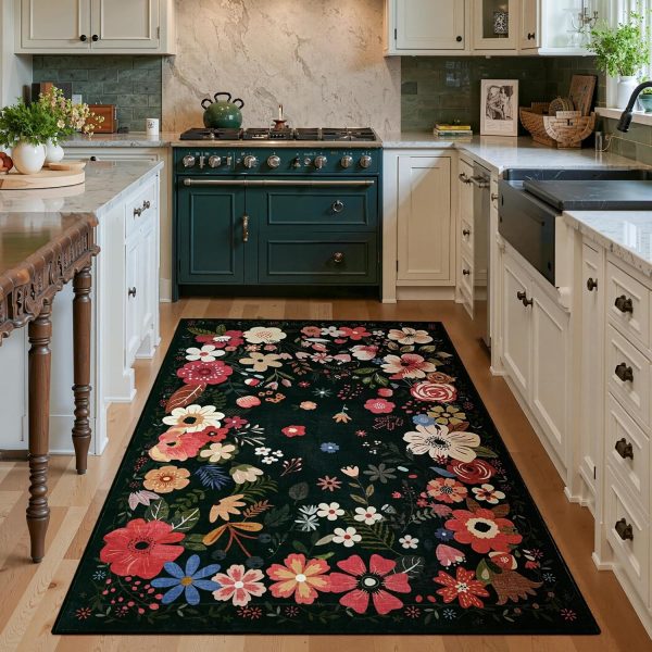 Vasofe 3x5 Rug for Bedroom,Washable Rugs for Living Room, Entryway, Black | Indoor Floor Mat, Small Floral Mats for Nrusery, Farmhouse, Laundry Room, Playroom, Office, Kitchen, Non Slip Low Pile Carpet