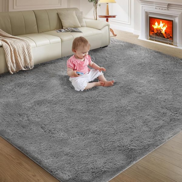 CTPAR-S-829_1 5X8 Ultra Soft Rug for Living Room, 5X8 Fluffy Shag Area Rug for Bedroom, Modern Shaggy Carpets Fuzzy Rug for Teens Dorm Nursery Home Decor Aesthetic, Upgrade Anti-Skid Durable, Grey