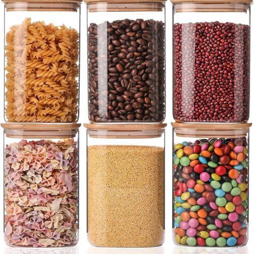 Liuruiyu 6 Pack Glass Food Storage Jars 37 oz,Glass Storage Containers Clear Glass Food Canister with Bamboo Lid Airtight For Serving Tea, Coffee, Flour, Sugar, Candy, Cookie, Spice and More (Square)