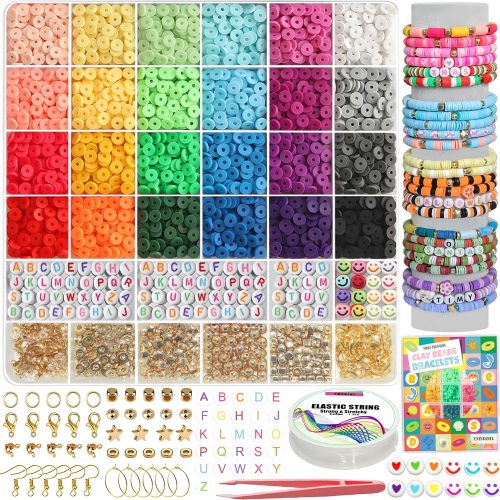 YMSDZHL 6000+PCS 24 Color Polymer Clay Beads Friendship Bracelet Making Kit | DIY Flat Preppy Beads for Jewelry Making,Heishi Beads with Charms Gifts for Teen Girls Crafts for Ages 4-12