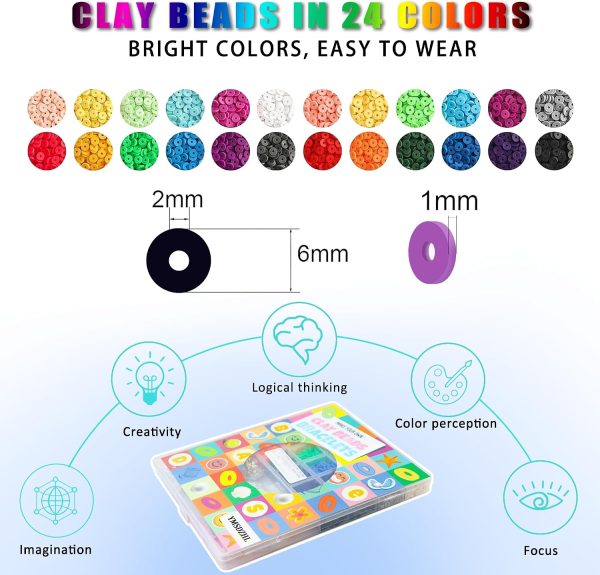 YMSDZHL 6000+PCS 24 Color Polymer Clay Beads Friendship Bracelet Making Kit | DIY Flat Preppy Beads for Jewelry Making,Heishi Beads with Charms Gifts for Teen Girls Crafts for Ages 4-12