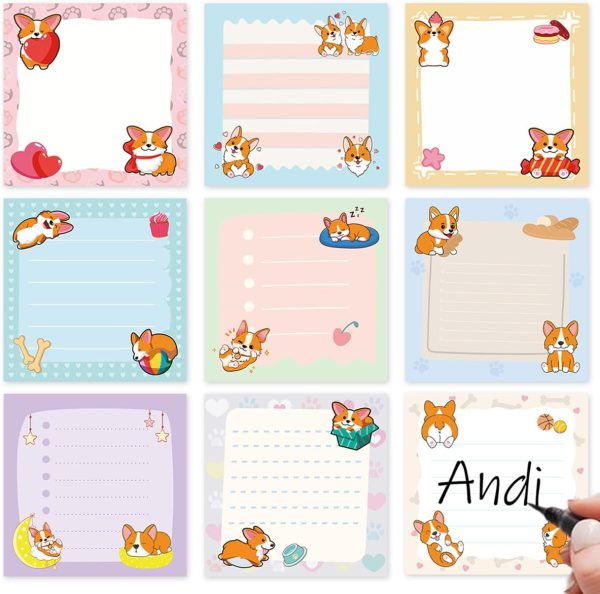 CTPSN35CT_1 Corgi Sticky Notes 9 Pack 3x3 Inch Cute Dog Notepads | Welsh Memo Pads, 450 Sheets Total Rich Designs, High Quality, Short Leg Theme, Canine Fan Supplies