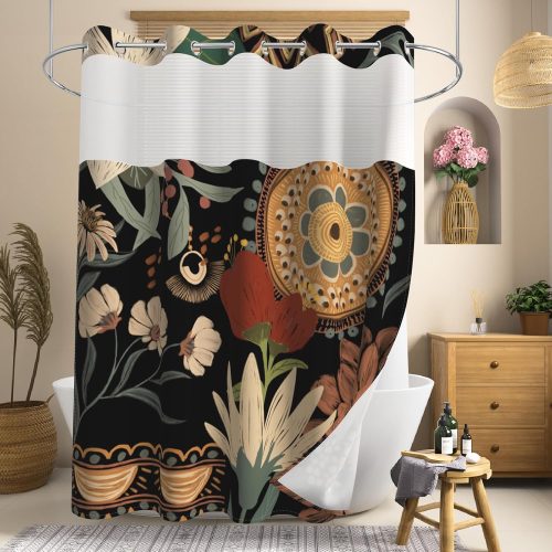 No Hook Shower Curtains for Bathroom with Snap in Liner, Waterproof Boho Shower Curtain with See Through Window and Weighted Bottom, Bohemian Flowers Vintage Shower Curtain for Home, 71x74 Inches