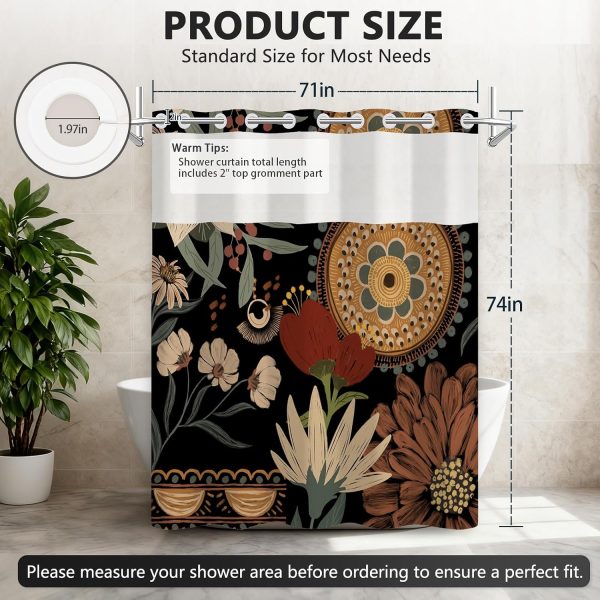 No Hook Shower Curtains for Bathroom with Snap in Liner, Waterproof Boho Shower Curtain with See Through Window and Weighted Bottom, Bohemian Flowers Vintage Shower Curtain for Home, 71x74 Inches