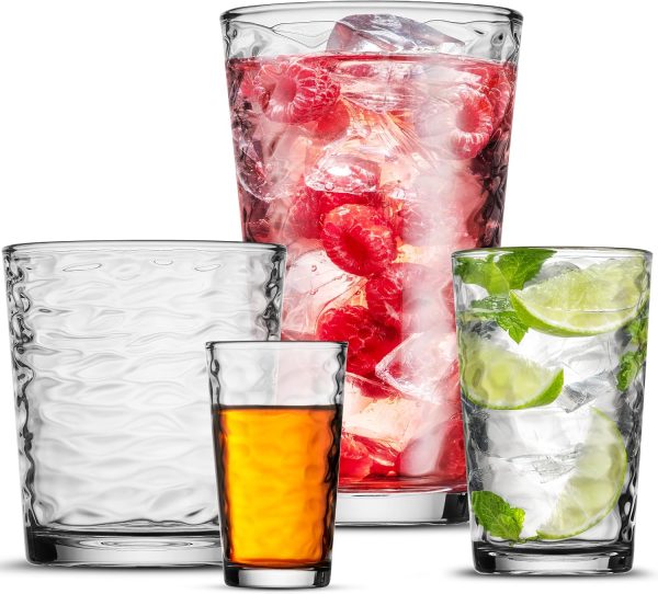 Biscayne 24-Piece Family Drinking Glasses Set - Drinking Glassware Set with Highball Cooler, DOF (Double Old Fashioned), Juice Glasses and Shot Glasses - 6 Each