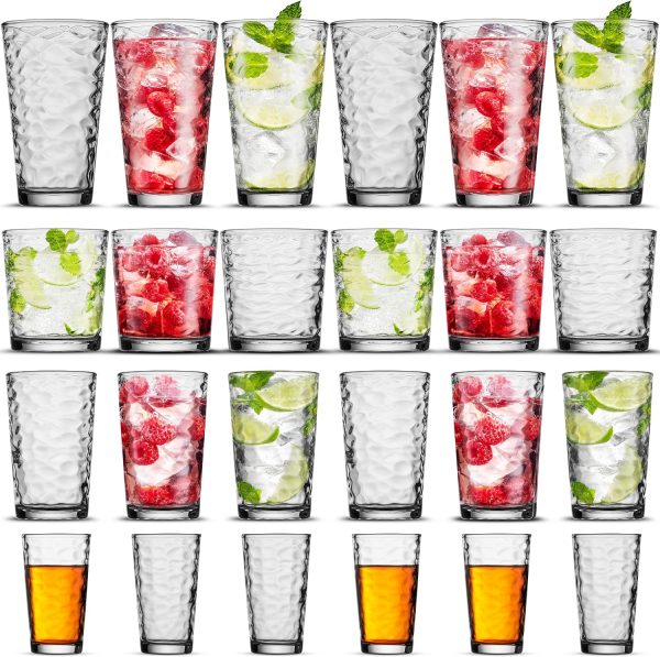 Biscayne 24-Piece Family Drinking Glasses Set - Drinking Glassware Set with Highball Cooler, DOF (Double Old Fashioned), Juice Glasses and Shot Glasses - 6 Each