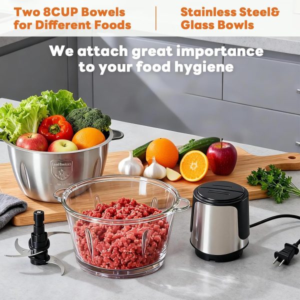 CTS136109GK_3 NEWBULIG Electric Food Processor Vegetable Chopper, 450W Meat Grinder with 2 Bowels for Home Use, Food Chopper with Double S-Blades for Vegetable, Garlic, Meat