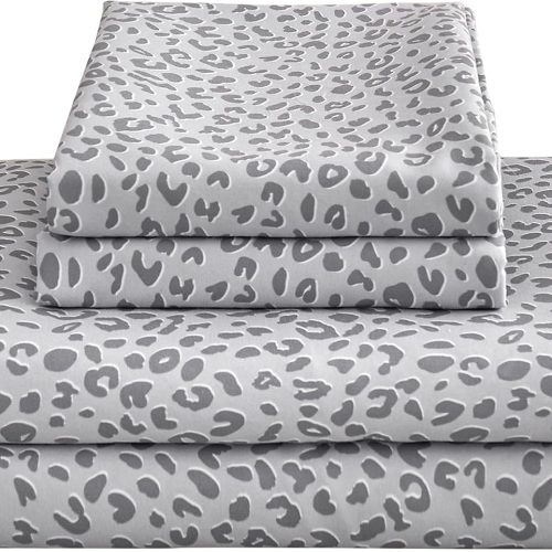 Mooreeke Leopard Cheetah Printed Twin Bed Sheets, Soft Microfiber Bedding Sheets & Pillowcases, Deep Pocket Non-Slip Fitted Twin Sheet, Silver Grey Animal Pattern Bedsheets