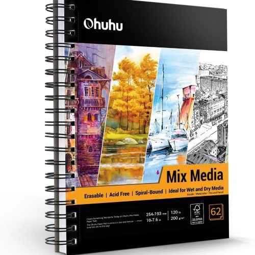 Ohuhu 7"x10" Mix Media Pad Art Sketchbook 62 Sheets for Painting Drawing | Large Sketch Book - 120 LB/200 GSM Heavyweight Paper - Spiral-Bound Mixed Media Paper for Watercolor Acrylic Christmas Gift