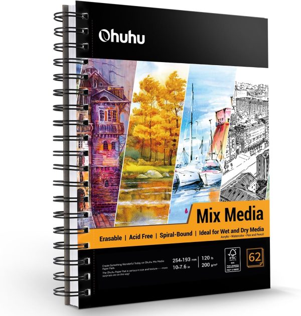 Ohuhu 7"x10" Mix Media Pad Art Sketchbook 62 Sheets for Painting Drawing | Large Sketch Book - 120 LB/200 GSM Heavyweight Paper - Spiral-Bound Mixed Media Paper for Watercolor Acrylic Christmas Gift
