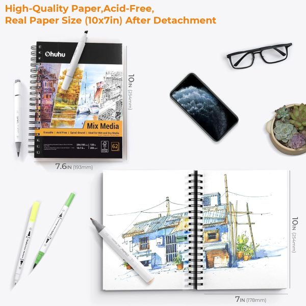 Ohuhu 7"x10" Mix Media Pad Art Sketchbook 62 Sheets for Painting Drawing | Large Sketch Book - 120 LB/200 GSM Heavyweight Paper - Spiral-Bound Mixed Media Paper for Watercolor Acrylic Christmas Gift