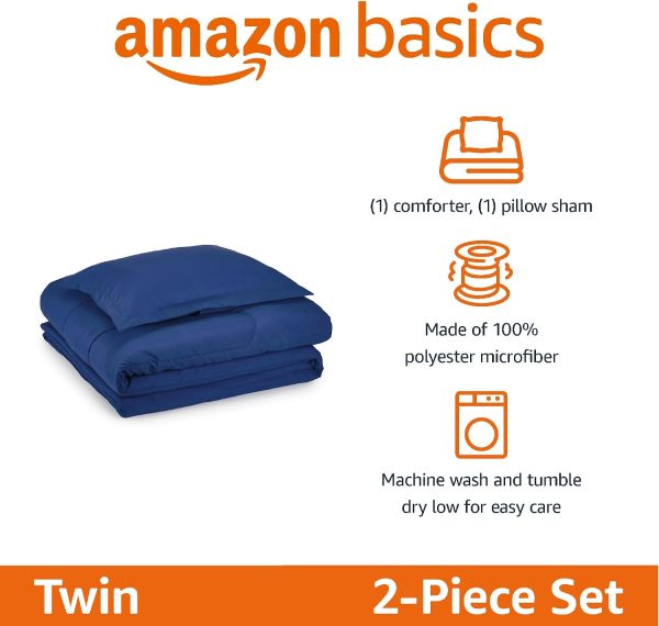 CTSEV-AP-1101_2 Amazon Basics 2-Piece Soft Microfiber Kid's Comforter and Pillow Sham Set, Twin, Navy, Solid