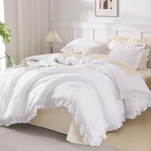 Comforter Full Size Set White, 3 Pieces Ruffle Farmhouse Bed Set | Soft Lightweight Fluffy All Season Shabby Chic Comforter Bed Set Girls Women Teens Daughter Room Decor Gift