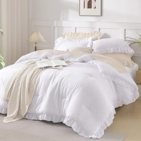 Comforter Full Size Set White, 3 Pieces Ruffle Farmhouse Bed Set | Soft Lightweight Fluffy All Season Shabby Chic Comforter Bed Set Girls Women Teens Daughter Room Decor Gift