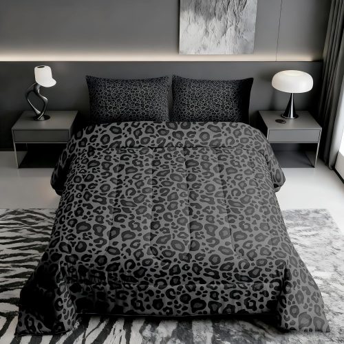 Castle Fairy Leopard Print Comforter Set Queen Size Cheetah Print Super Soft Bedding Set for Women Bedroom Decor,African Wildlife Animal Skin Comforter-3 Pieces,Retro Noble Duvet Insert,Black Grey