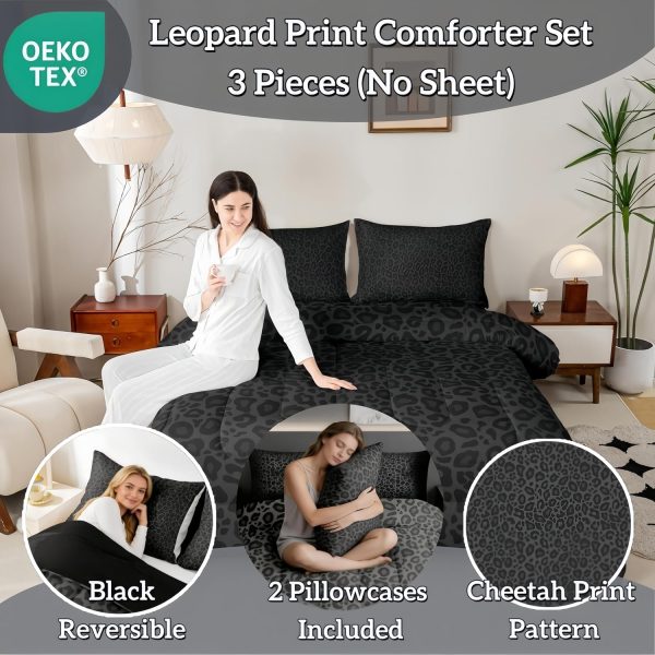 Castle Fairy Leopard Print Comforter Set Queen Size Cheetah Print Super Soft Bedding Set for Women Bedroom Decor,African Wildlife Animal Skin Comforter-3 Pieces,Retro Noble Duvet Insert,Black Grey